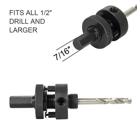 Close-up of 6 Inch Carbide Hole Saw With Arbor For Recessed Lights Clean Cut For Plaster And Drywall Sheetrock 2X Faster Long Life Tungsten Carbide Grit Shank Fits One Half Inch Chuck HLOFIZI showing shank and drill bit.