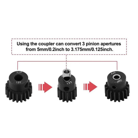 Five Pack Steel Pinion Gear Adapter Upgrade 3.175mm To 5mm Drive Shaft Reducer Sleeve with size conversion diagram