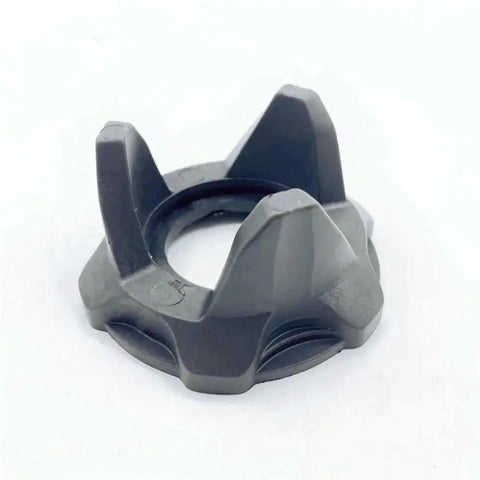 Clutch cam helix component in gray metal with circular bore and three-prong outer shape