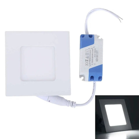 Square LED panel light with power driver, shown lit and unlit, white finish, energy efficient lighting solution for homes and offices.