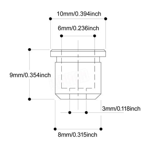 Technical diagram of Full Solid Brass Bass String Ferrules Set for String Through Body Installation with dimensions.