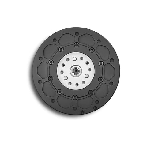 Front view of MG8016E V3 dual-encoder planetary reducer motor brake, black circular rotor with silver center hub