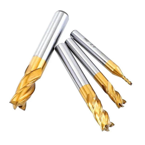Ten Pack 4 Flute Titanium Coated End Mills Set For CNC Milling In Wood Aluminum Steel Titanium Range 5 64th Inch To 3 8th Inch HSS Straight Shank Cutter Bits For DIY Makers And Pros