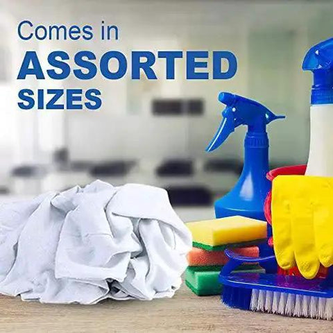 Lint Free 100 Percent Cotton Cleaning Rags 15 Pack 18x18 White Cloths with assorted cleaning supplies in a workshop setting.