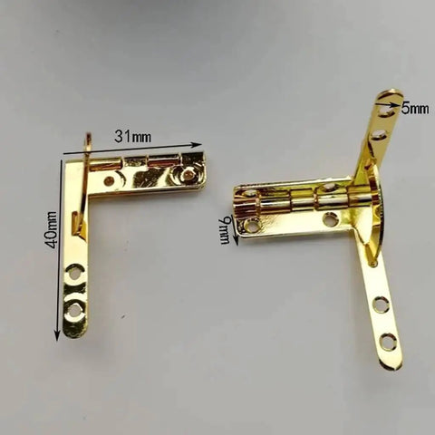 Golden Hinge For Wooden Boxes And Small Cabinets Chrome Plated Gold, 31x40mm durable metal hinge, smooth opening, side view.