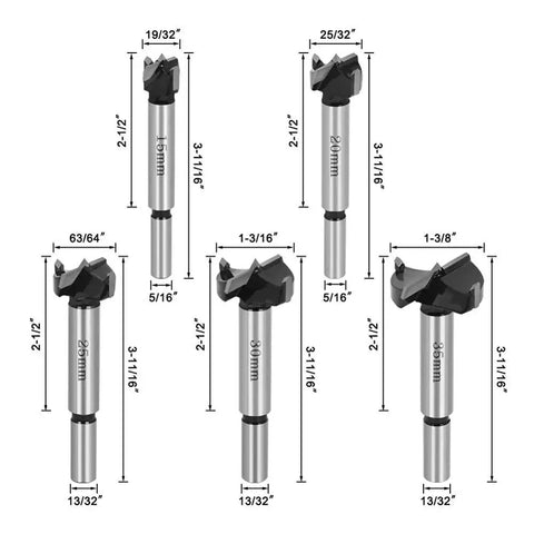 Illustration of Five Piece 15 To 35mm Woodworking Self Centering Drill Bits Set for Hinges
