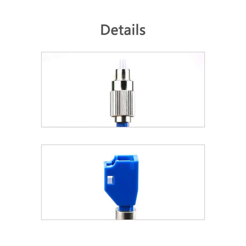 Top view of FC Male To LC Female Hybrid Fiber Optic Connector Adapter For Optical Power Meters and Visual Fault Locators, blue, zirconia sleeve.