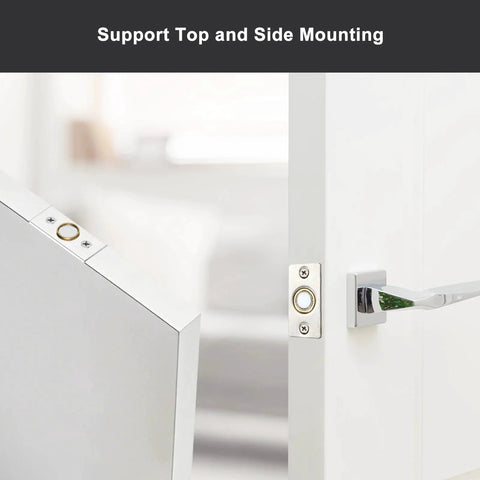 4 Pack Strong Magnetic Door Catch Set for Closet and French Doors, silver hardware shown in top mounting position, close-up view