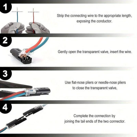 Step-by-step diagram showing assembly of 50/100/150 Pack Quick Clip Fasteners No Drill Snap On Connectors with wires