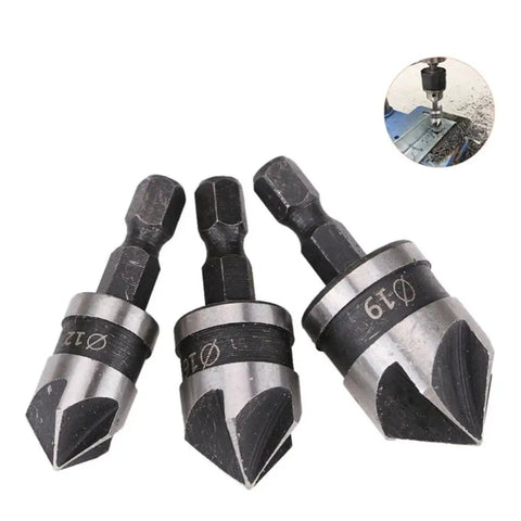 Three Piece Countersink Chamfer Drill Bit Set With One Quarter Inch Hex Shank 90 Degree Chamfer Five Flute Fast Cutting For Wood And Metal Quick Change Bits Includes 12mm 16mm And 19mm Sizes displayed showing bits.
