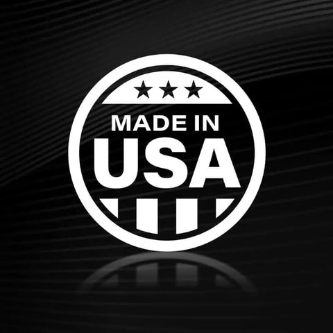 Made in USA emblem on black background with stars and stripes design.