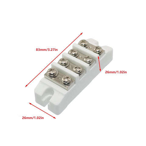 Four-position ceramic high-current terminal block, 83×26×26 mm, white ceramic with screw terminals for appliances.