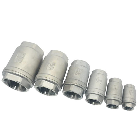 Six NPT female check valves, stainless steel SS316 CF8M, inline spring-loaded, low cracking pressure.