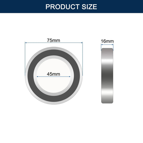 HiPicco 6009-2RS deep groove ball bearing size diagram; ID 45mm, OD 75mm, width 16mm