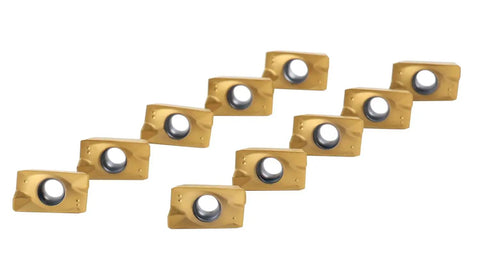 Image of a 10-piece set of gold APKT1604 TiN Coated Carbide Inserts For Steel Machining, ISO APKT160408, visible size and shape details.