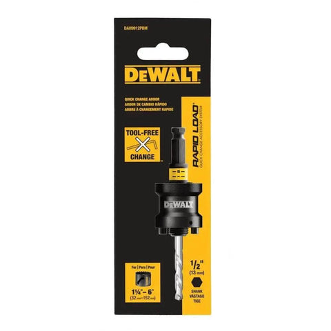 Rapid Load Hole Saw Arbor For Drill Half Inch Quick Change System With Tool Free Change No Seize Collar Delivers Fast Bit Swapping And Cleaner Holes For Pro Level Drilling By DeWalt in packaging