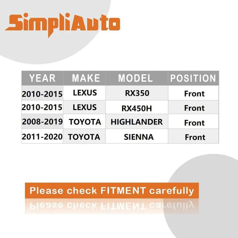 Fitment chart for Front Wheel Hub And Bearing Assembly 510100 for Lexus RX350 RX450h 2010-2015 Toyota Highlander Sienna