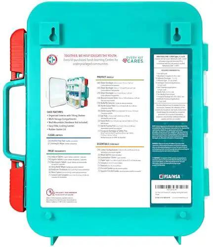 Back view of teal 326 piece first aid kit for 100 people from the leading US manufacturer exceeds OSHA and ANSI guidelines, wall-mountable case