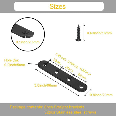 Diagram of size specifications for 8 Pack Black Flat Mending Plates Brackets 3.8 Inch Stainless Steel Heavy Duty Repair Joining Plates For Wood Furniture With Screws 304 Stainless Rust Resistant Counterbored Round End 5mm Holes For Stronger Joints.