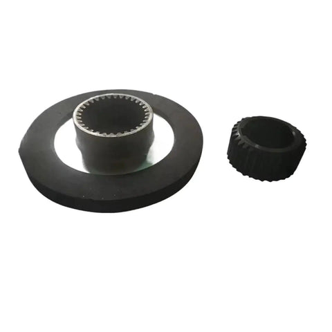 Front view of motor brake components: large black flange with splined inner bore and small knurled ring