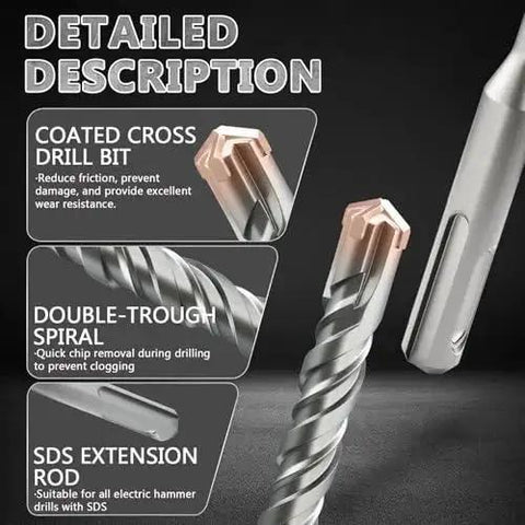 Detailed view of Heavy Duty SDS Plus Rotary Hammer Drill Bit One And A Half Inch By Eighteen Inch With Four Carbide Cutting Edges And Coated Head For Masonry Concrete Natural Stone And Brick Walls FROOOK, featuring coated cross drill bit and double-trough spiral.