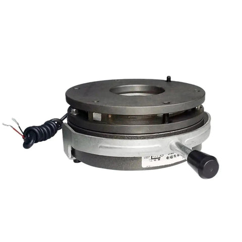 Front view of DHM8-14 power-off electromagnetic brake, round grey housing with mounting flange
