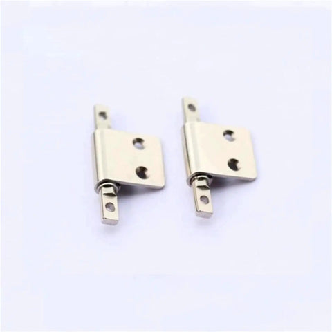 Front view of a pair of carbon steel torque hinges with mounting tabs and screw holes, silver finish
