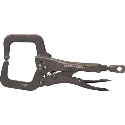 6 Inch C Clamp Locking Pliers With Standard Jaws And Intuitive Thumb Knob, metal construction, side view, heavy duty grip.