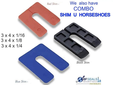 Image of red, black, and blue combo shim U horseshoes for leveling, shown in different sizes with focus on Bfseals security seals logo.