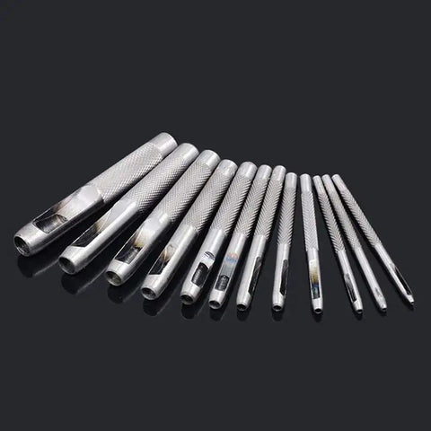Heavy Duty Leather And Canvas Hole Punch Set, 12 Piece Hollow Punch Tool Kit With Sizes From 1mm To 10mm, Ergonomic Grip, arranged in a row