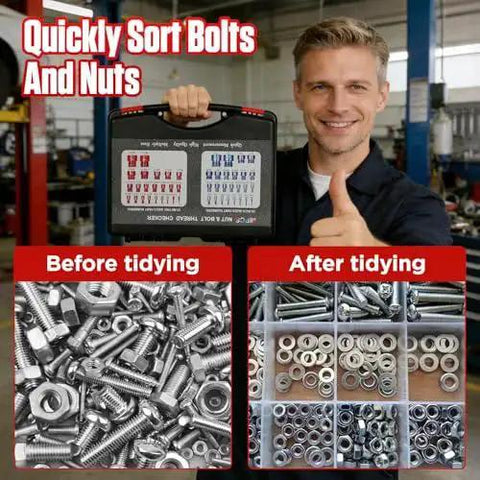 Man holding Detachable Thread Checker Set For Nuts And Bolts With 48 Pieces, showing sorted bolts in a workshop