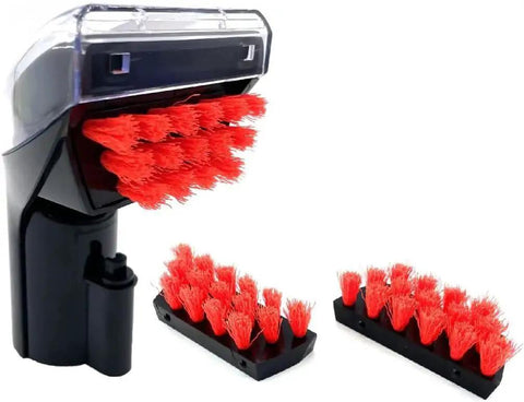 Front view of Little Green Machine replacement brush heads (2-pack) with red bristles and black bases for Bissell 1400B.