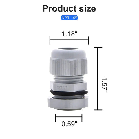 Waterproof NPT Cable Glands Half Inch Gray Nylon 25 Pack with size dimensions shown for strain relief and electrical wiring applications.