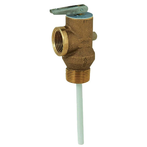 Reliance water heater T&P relief valve, brass body with blue lever and white discharge tube