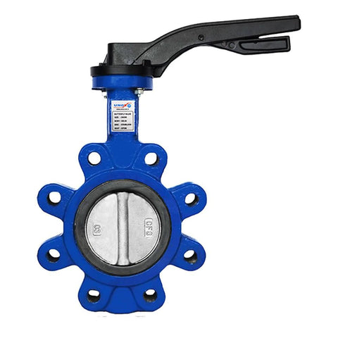 UNOX lug butterfly valve DN100 (4 in) blue cast iron body with EPDM gasket and black lever handle, lug pattern.