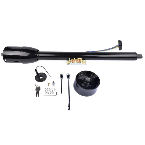 GM 32 Inch Steering Column Floor Shift Replacement With Key 9 Hole Adapter Black, including accessories, against white background