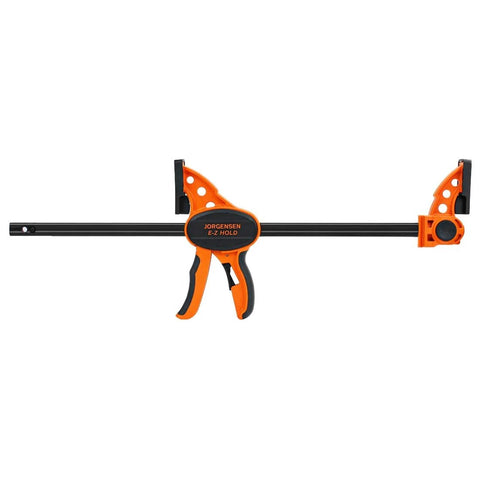 Jorgensen 12-inch ratchet bar clamp, orange and black, one-hand clamp with E-Z Hold expandable spreader