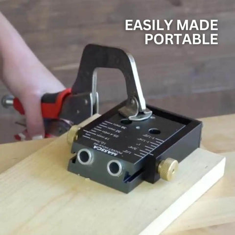 Front view of Pocket Hole Jig Kit M1 Pro Grade Adjustable Depth Pocket Screw Jig Heavy Duty Drill Jig For Angled Holes in use on wood