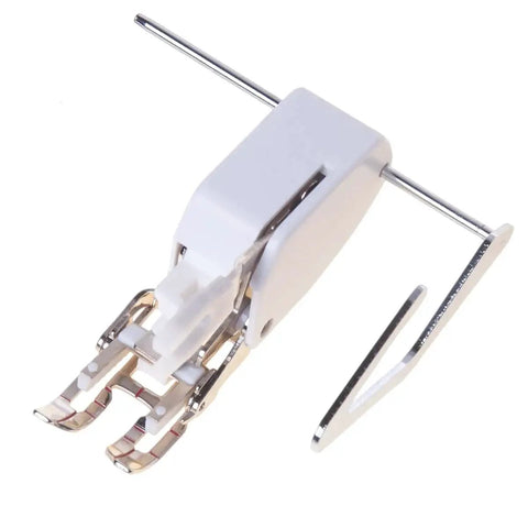 Side view of universal quilting guide bar for sewing machines; white plastic housing with metal rod.