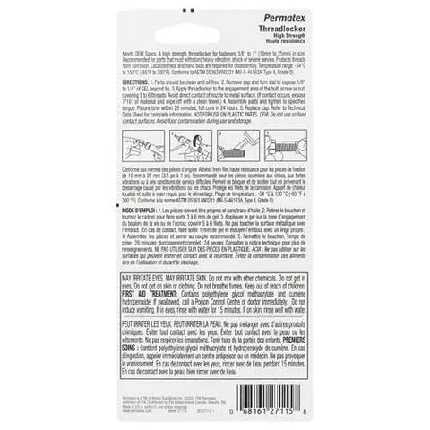 Back view of Red High Strength Threadlocker Gel 10 G OEM Spec Heavy Duty Locking Gel For 3/8 To 1 Inch Fasteners packaging