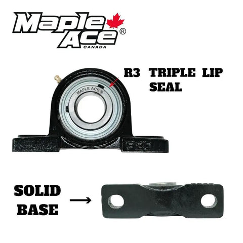 Front view of Beefy Heavy Duty Pillow Block Bearing With Self Aligning Seven Eighths Inch Bore Two Bolt Mount R3 Triple Lip Seal Solid Base Maple Ace UCP205 14 Pack Of Two For Heavy Duty High Speed OEM Replacement And Long Life Ideal For Replacement And OEM