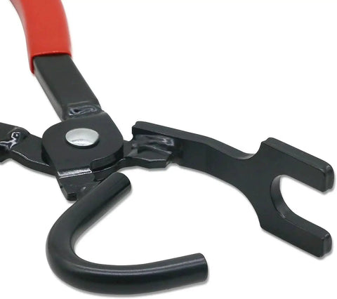 Close-up of Exhaust Hanger Removal Tool Pliers Compatible With All Exhaust Rubber Hangers showing red handle and steel jaws.