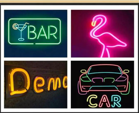 Various LED neon signs, including a bar sign, pink flamingo, and car image, showcasing colors in polystyrene and acrylic.