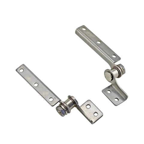Two stainless steel damping torque hinge brackets with adjustable stops and mounting holes