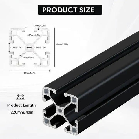 Four Pack 4040 T Slot Aluminum Extrusion Profiles In Anodized Black, 40x40mm, 1220mm length, diagram of cross-section and dimensions
