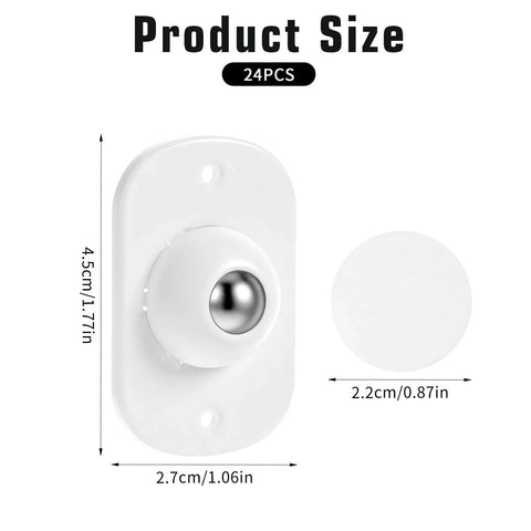 Product size of 24 Pcs Self Adhesive Caster Wheels Set 360 Degree Swivel Mini Appliance Wheels with dimensions labeled