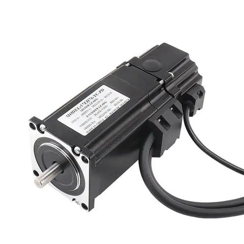 Servo motor 57EH76-YC-PD with CL57-BK driver; black metal body with front flange, shaft, and cables