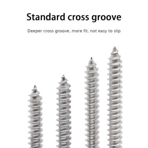 Close-up of 304 stainless steel screws with standard cross groove for Heavy Duty 304 Stainless Steel Wood And Metal Screw Kit With 450Pcs Self Tapping Phillips Countersunk Flat Head Screws M3 M4 M5 Assorted Sizes For Wood Metal And Diy Projects.