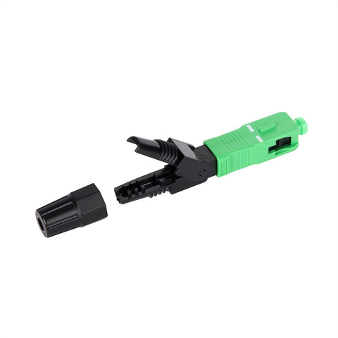 Green FTTH SC/APC fiber optic fast connector tool with black jaws and removable cap