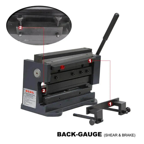 Compact 8 Inch Manual Sheet Metal Shear And Brake Combo For 20 Gauge Steel 90 Degree Bends with back-gauge view